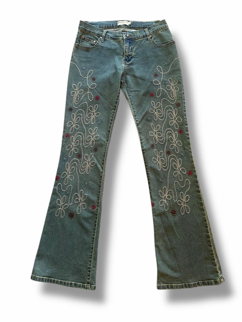 Y2kBlue Flare Jeans with Floral Embroidered Detail